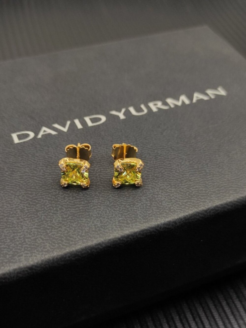 David Yurman Gold-plated Four-Prong Earrings with Green Diamond Center